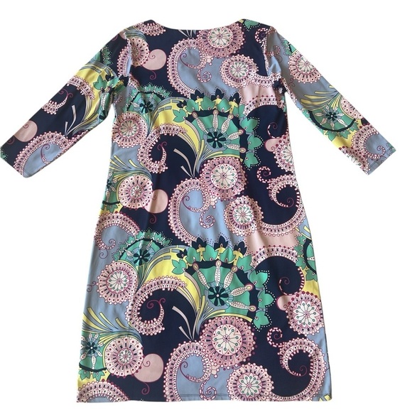 Talbots Spiral Paisley blue jersey knit stretch 3/4 sleeve Knee Length dress - Picture 5 of 10